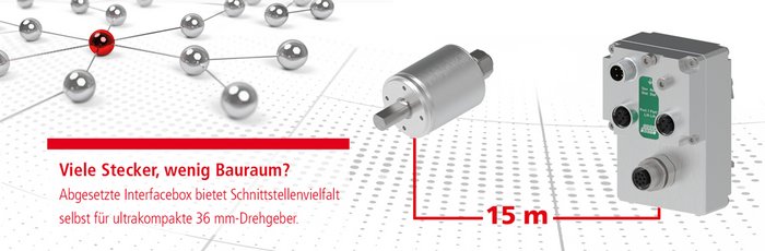 Abgesetzte Interfacebox bietet Schnittstellenvielfalt selbst für ultrakompakte 36 mm-Drehgeber.